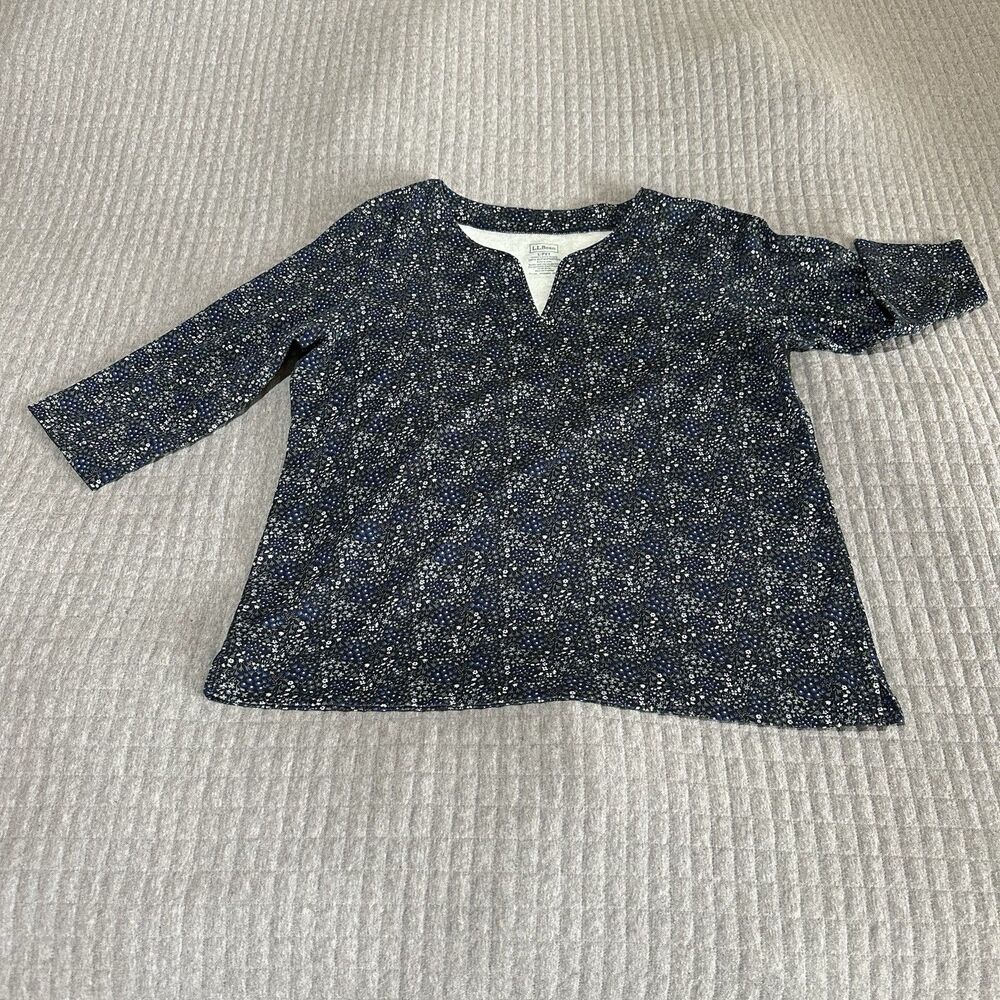 L.L. Bean 100% Supima Cotton Floral Split Neck Tunic Blue 3/4 Sleeve Petite L